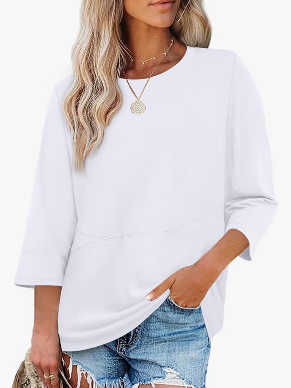 Chic Nation White 3/4 Sleeve Crewneck Top